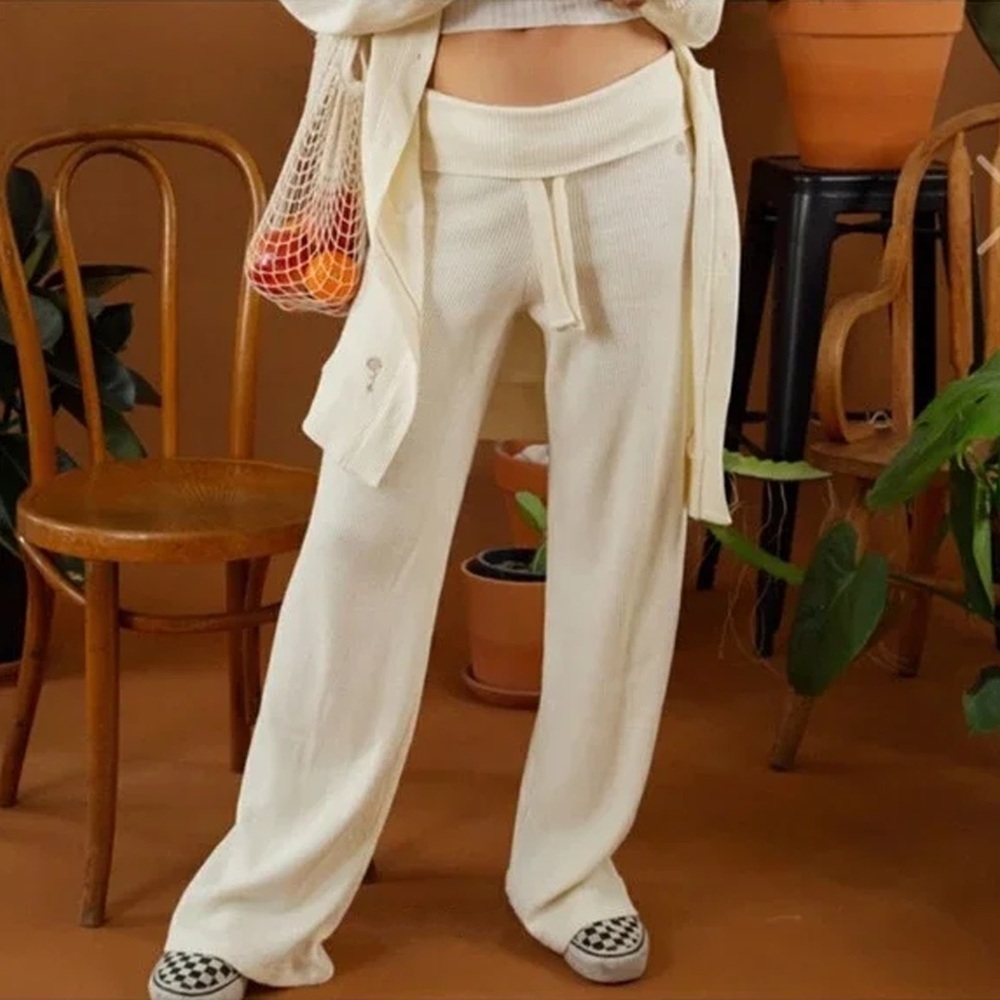 The Good Alma - Clary Sage Organic Cotton Lounge Waffle Pants - Cream